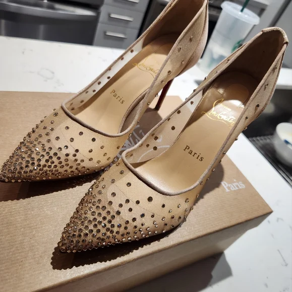 Louboutin Follies Strass Crystal Nude Heels - Picture 1 of 16